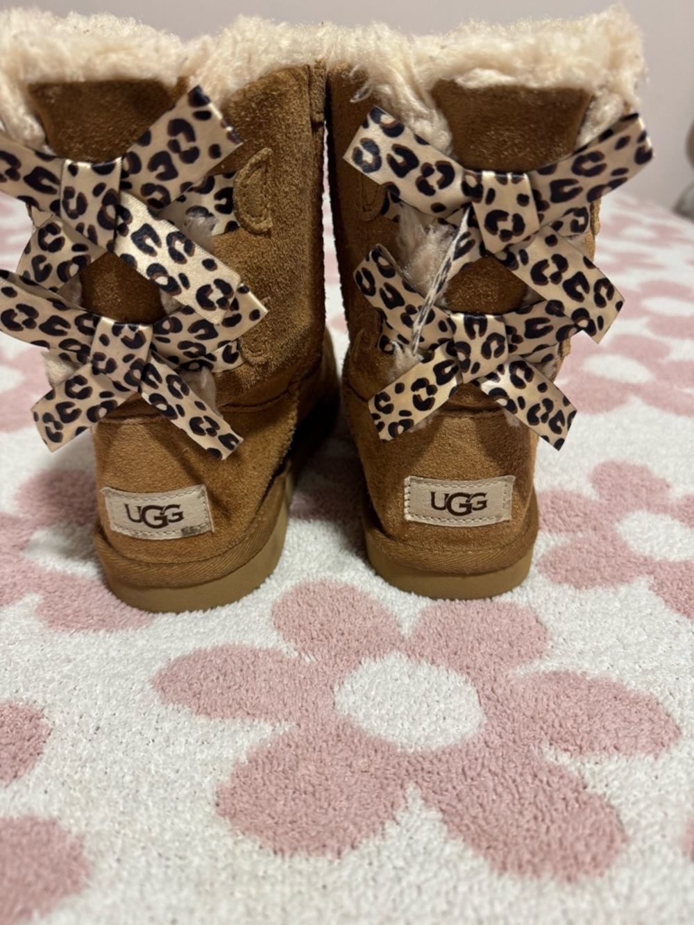 UGG Chestnut Suede Kids Boots with Leopard Bow Detail